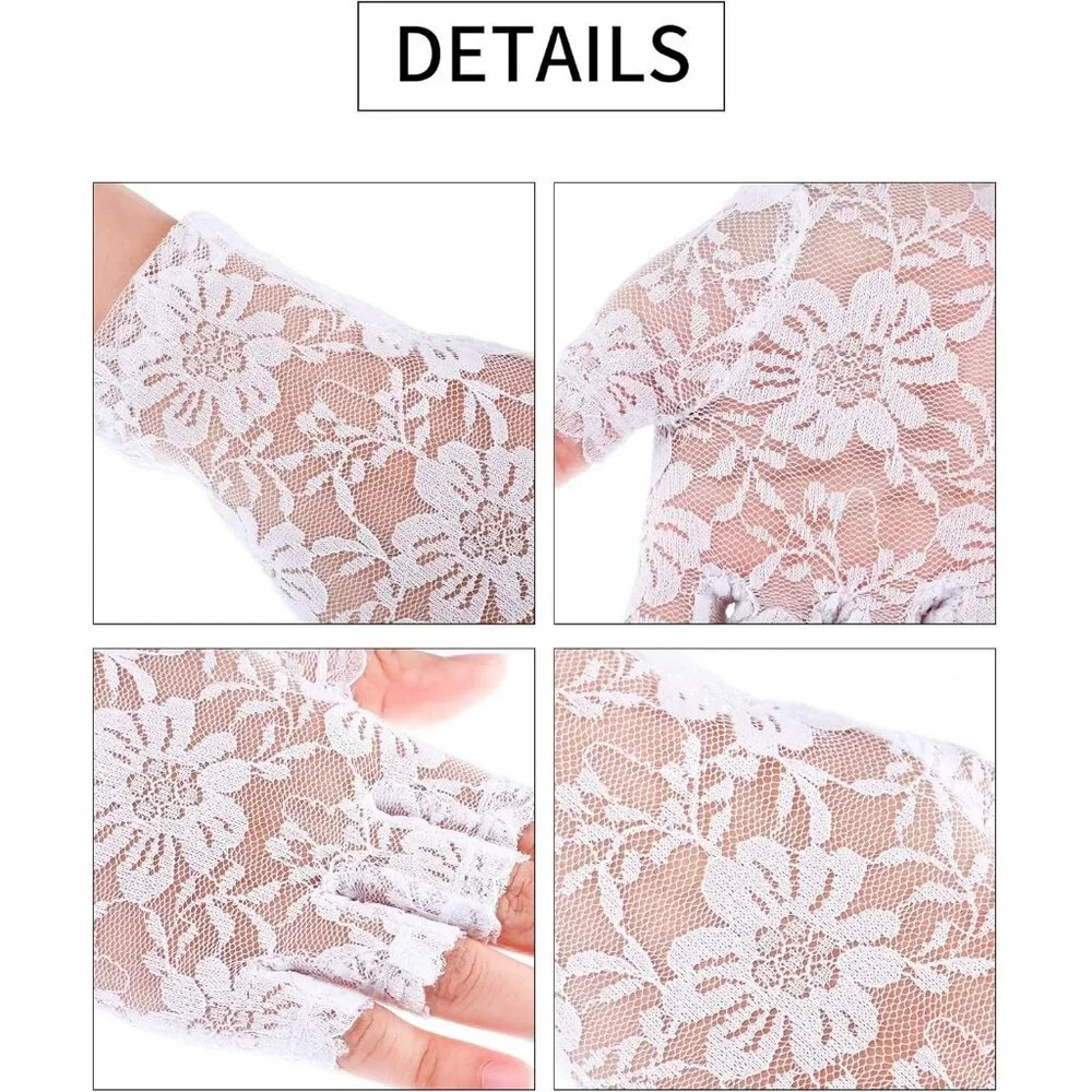Women's White Floral Short Lace Gloves Sunblock Fingerless Bridal Opera Party